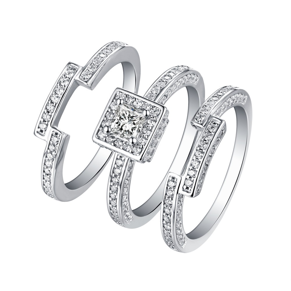 Princess Cut White Sapphire 925 Sterling Silver 3 Piece Halo Ring Sets
