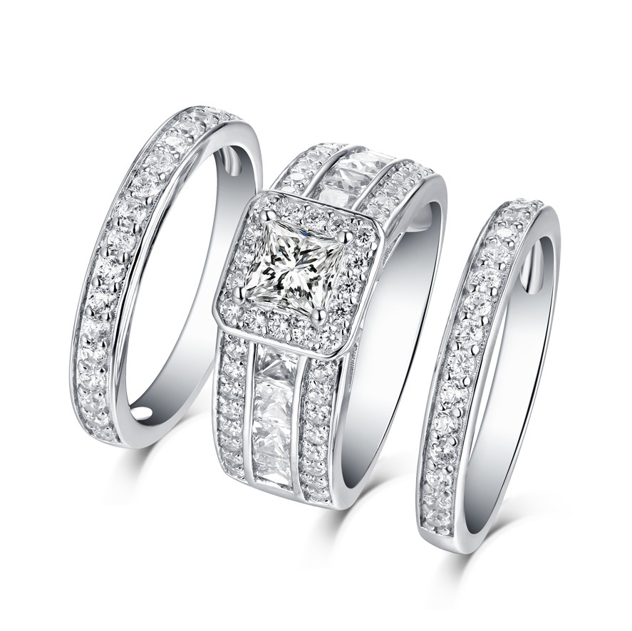 Cushion Cut White Sapphire 925 Sterling Silver 3 Piece Halo Ring Sets