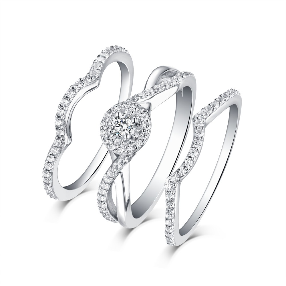 Round Cut White Sapphire S925 Silver Halo 3 Piece Ring Sets