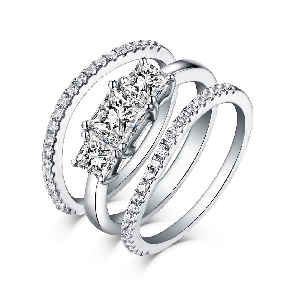 Princess Cut White Sapphire 925 Sterling Silver 3 Piece Ring Sets