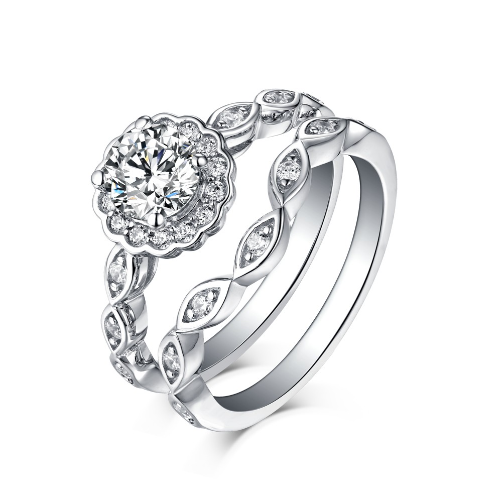 Round Cut 925 Sterling Silver White Sapphire Halo Ring Sets