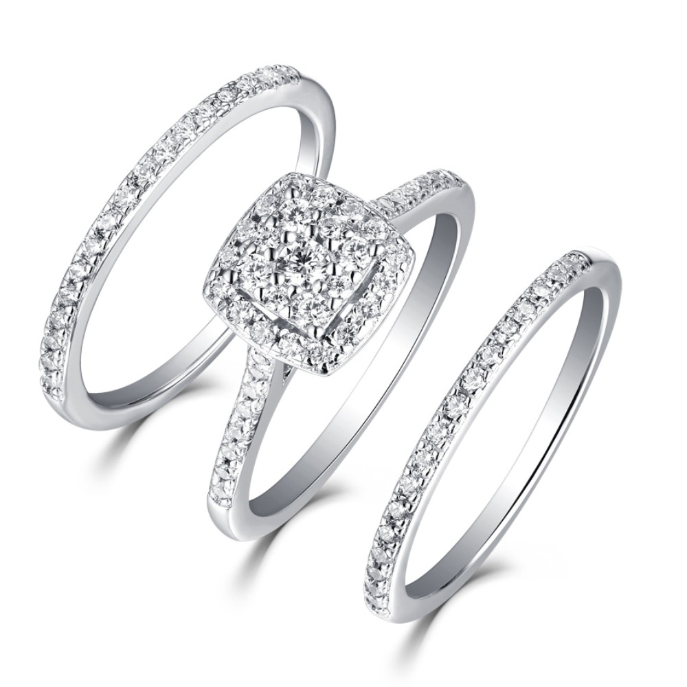 Round Cut 925 Sterling Silver White Sapphire 3 Piece Halo Ring Sets