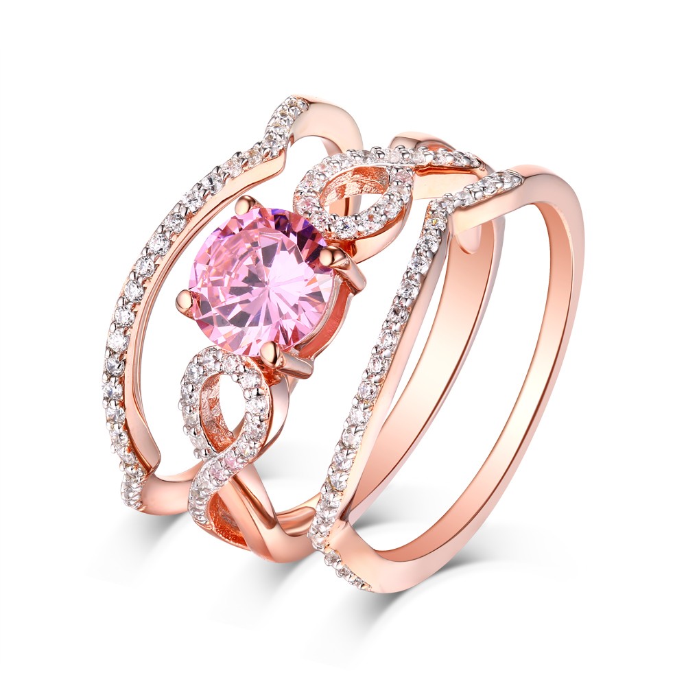 Round Cut Pink Sapphire Rose Gold 925 Sterling Silver 3 Piece Ring Sets