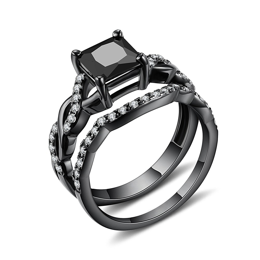 1/2 CT Princess Cut Black Gemstone Black 925 Sterling Silver Bridal Ring Sets