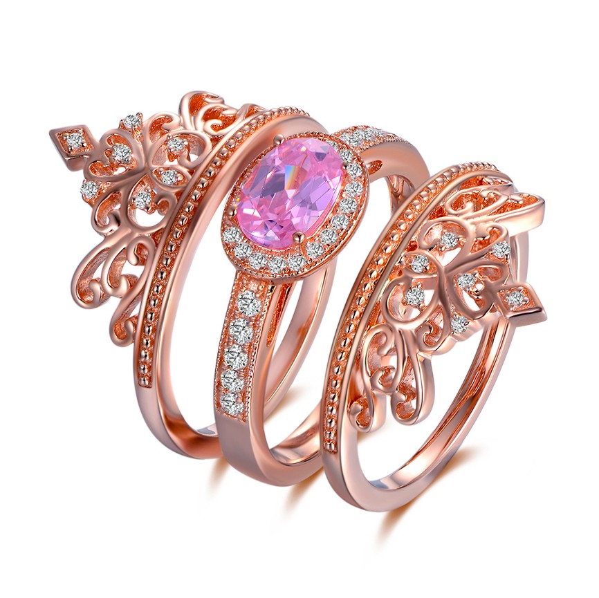 Crown Oval Cut Pink Sapphire Rose Gold 925 Sterling Silver Bridal Sets