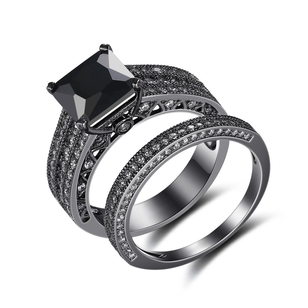 Black 925 Sterling Silver Princess Cut Black Bridal Sets