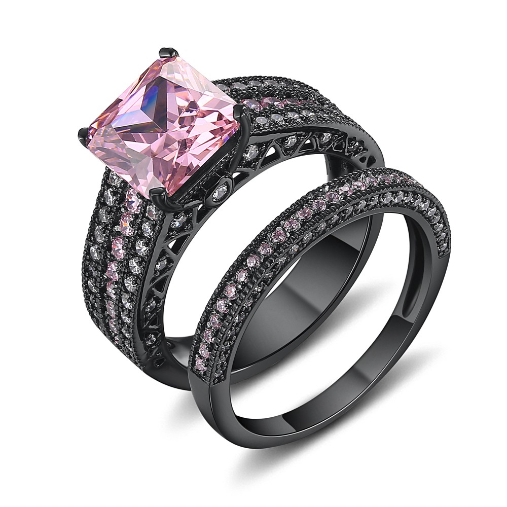 Asscher Cut Pink Sapphire Black 925 Sterling Silver Bridal Sets