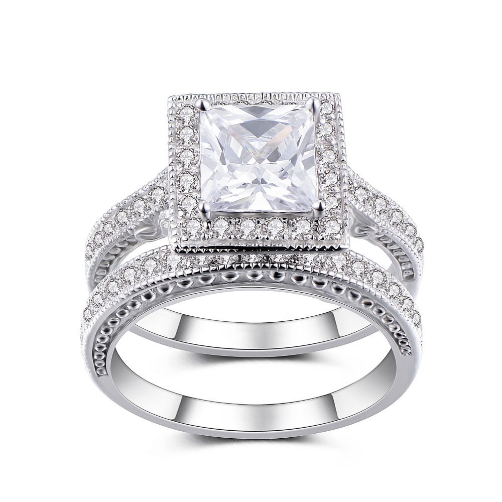 Princess Cut White Sapphire Sterling Silver Women's Bridal Ring Set