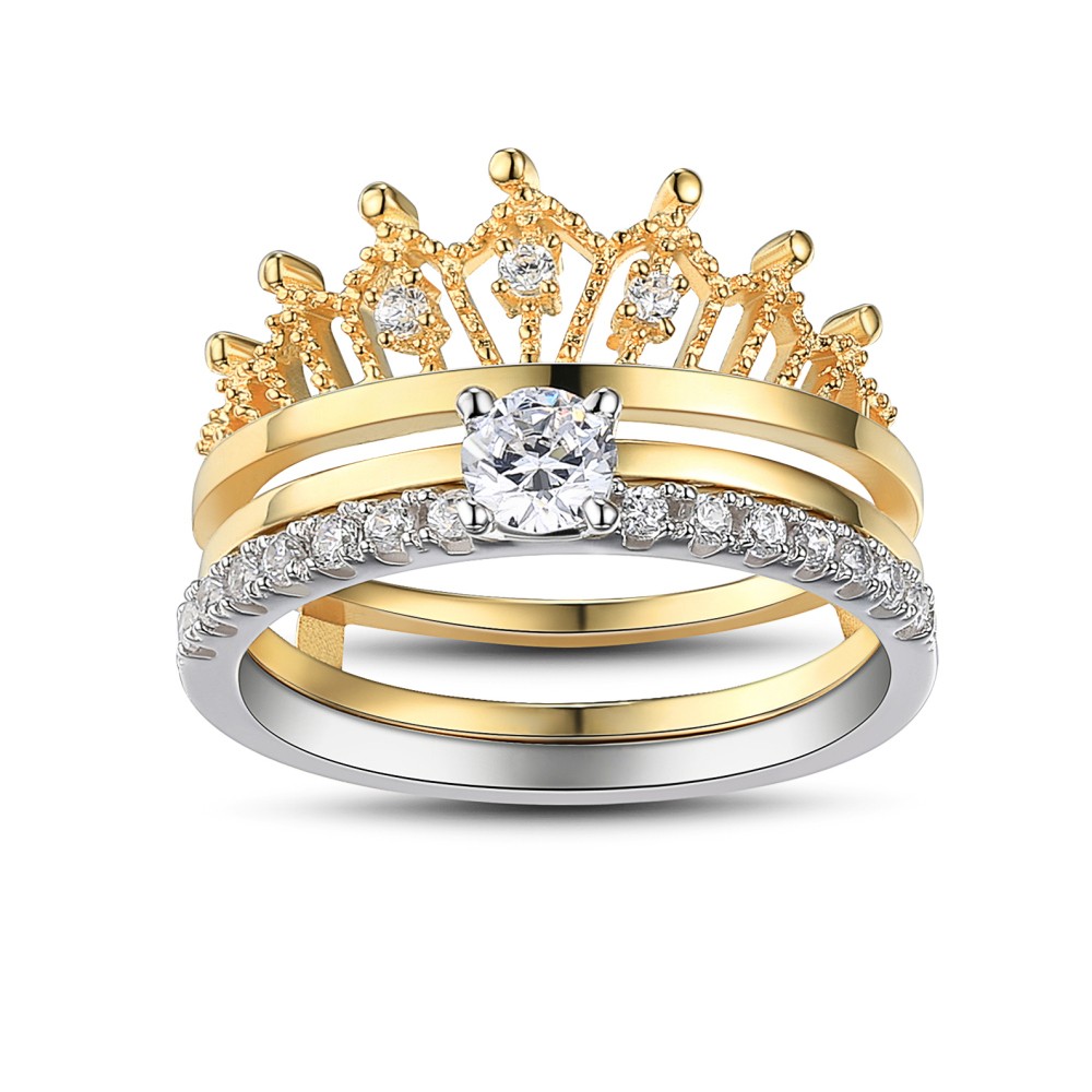 Crown Round Cut White Sapphire Sterling Silver Women's Wedding Ring Set