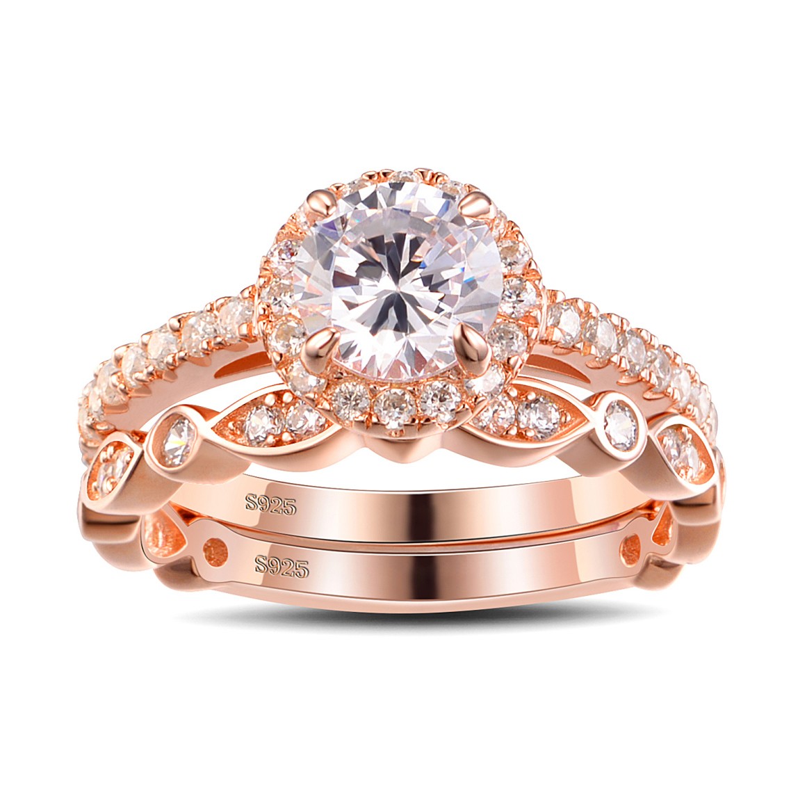 Rose Gold Round Cut White Sapphire Sterling Silver Bridal Sets