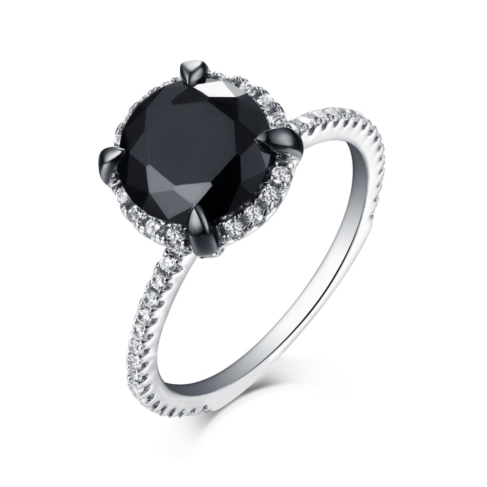 Round Cut 925 Sterling Silver Halo Black Sapphire Engagement Rings