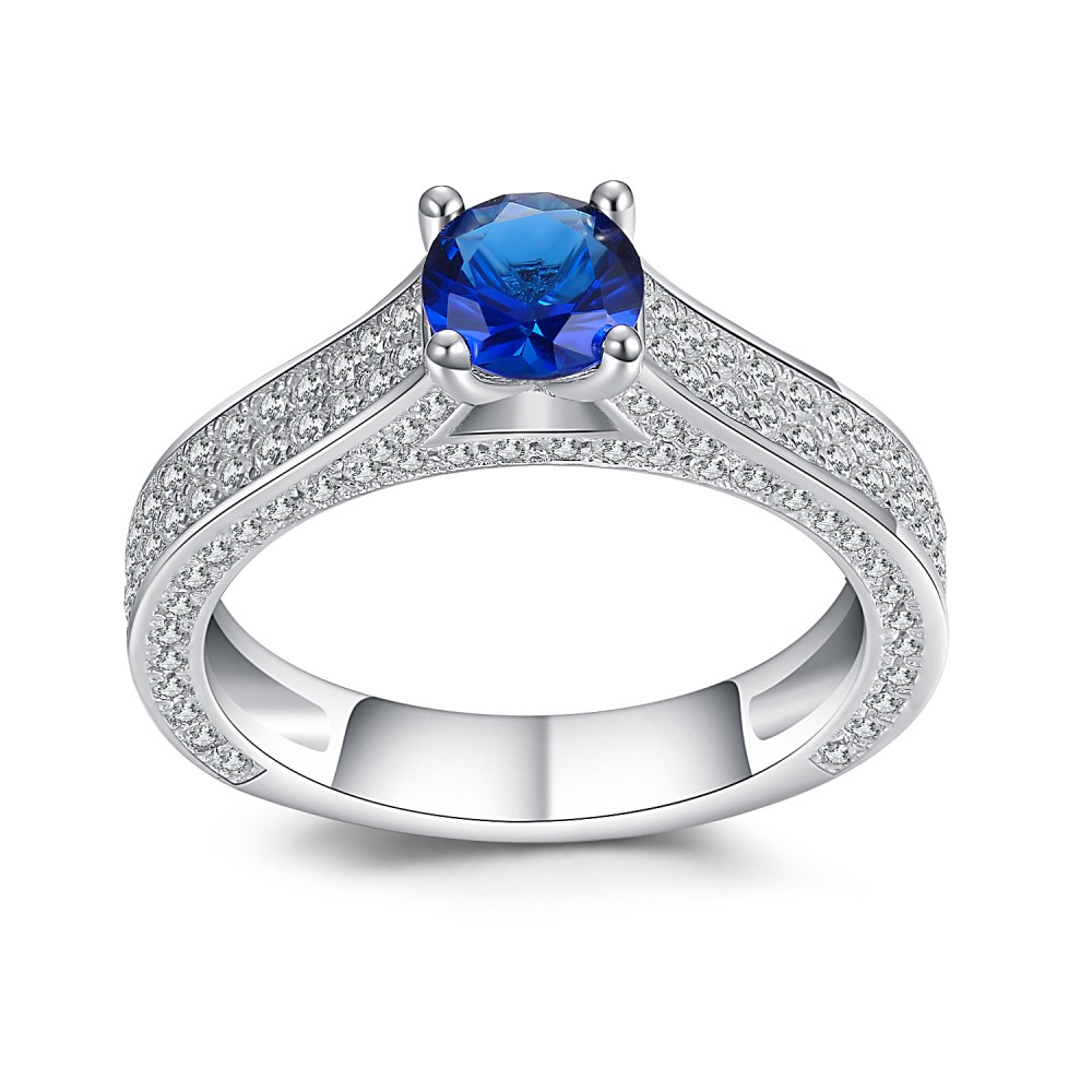 Round Cut Blue and White Sapphire Sterling Silver Engagement Ring