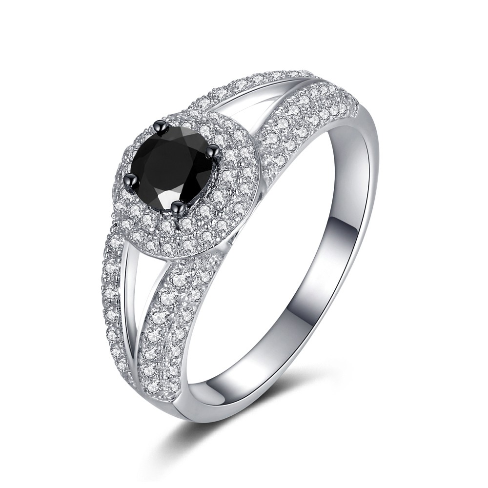 Round Cut Black Sapphire Sterling Silver Women's Engagement Ring