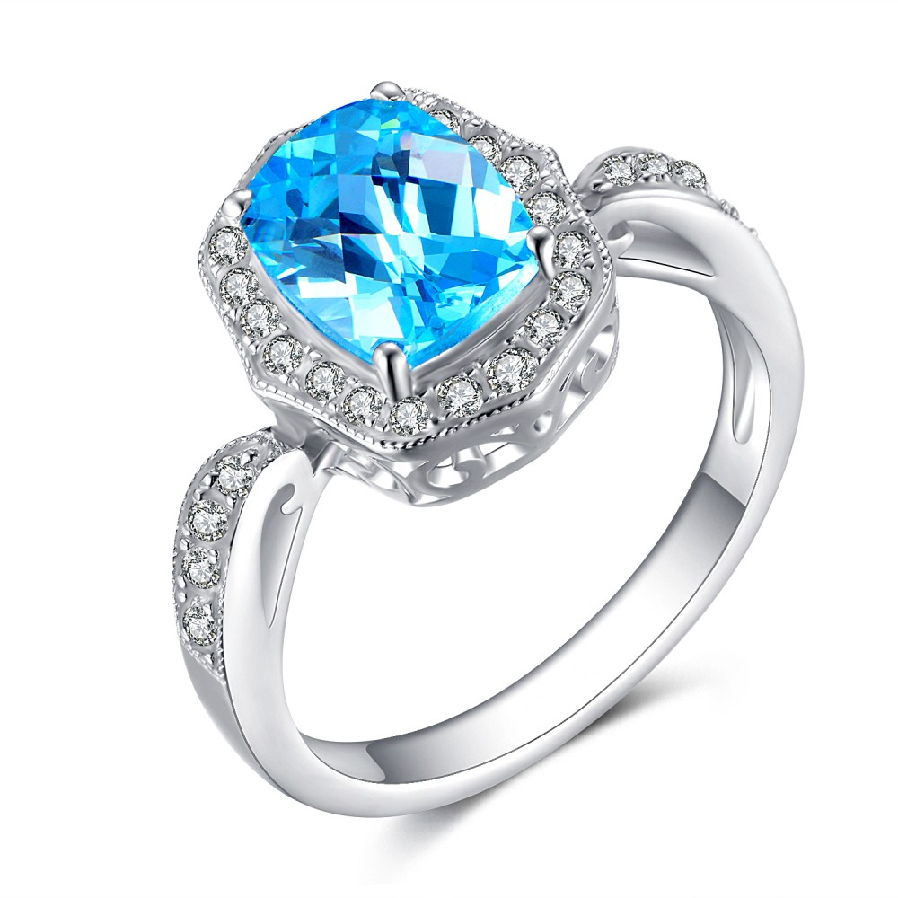 Cushion Cut Aquamarine 925 Sterling Silver Women's Engagement Ring