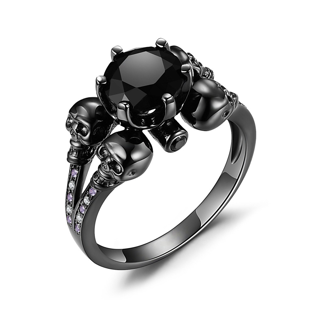Round Cut Black Gemstone Sterling Silver Skull Ring