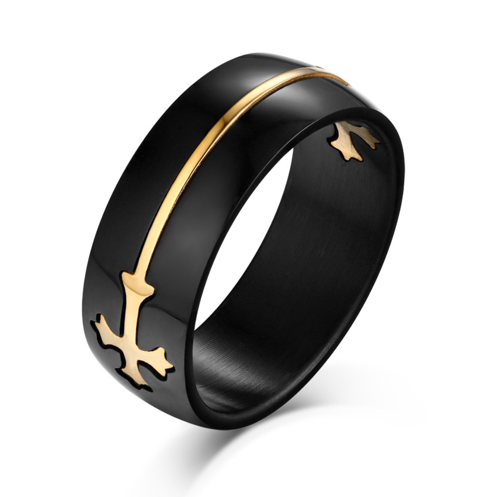Gold Cross Design Black Titanium Steel Men's Ring