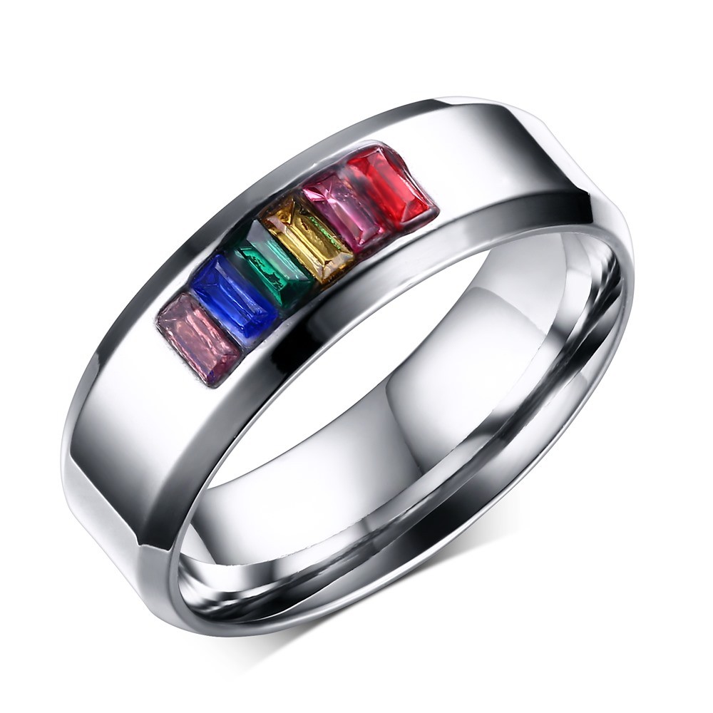 Colorful Gemstone Silver Titanium Steel Men's Ring
