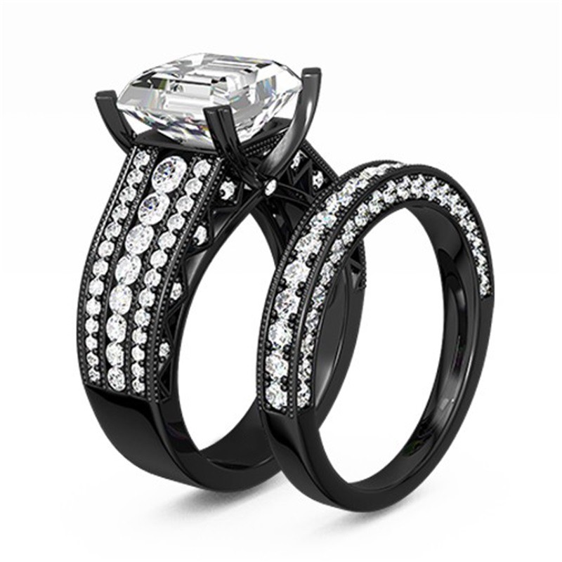 Emerald Cut Gemstone Black 925 Sterling Silver Bridal Sets