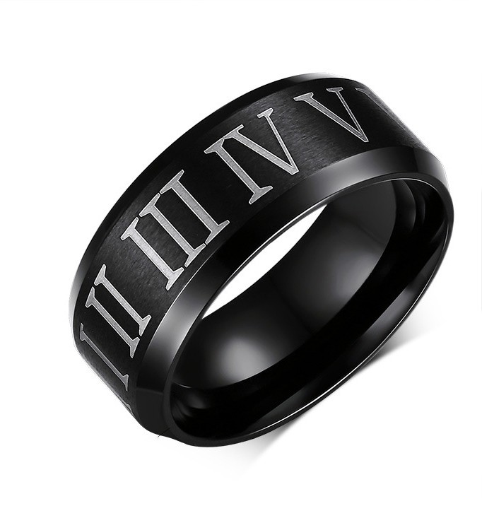 Roman Numerals Black Titanium Steel Men's Ring