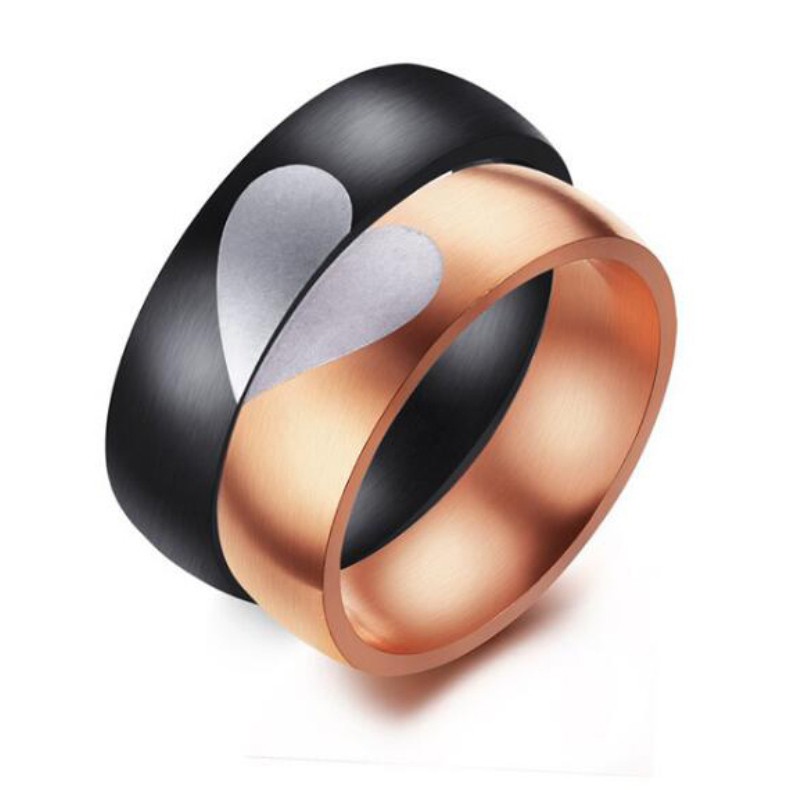 Heart Rose Gold & Black Titanium Steel Promise Rings for Couples
