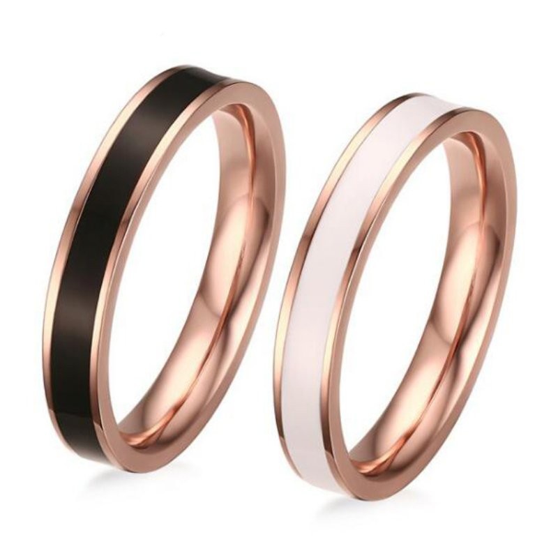 Black & White Rose Gold Titanium Steel Promise Rings for Couples