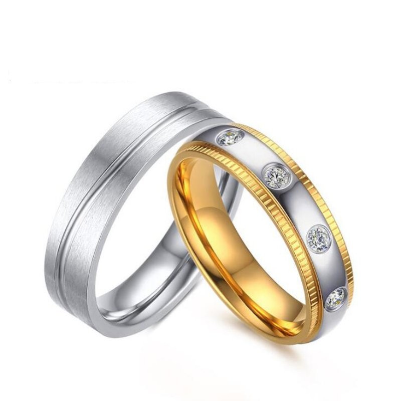 Gold & Silver White Sapphire Titanium Steel Promise Rings for Couples