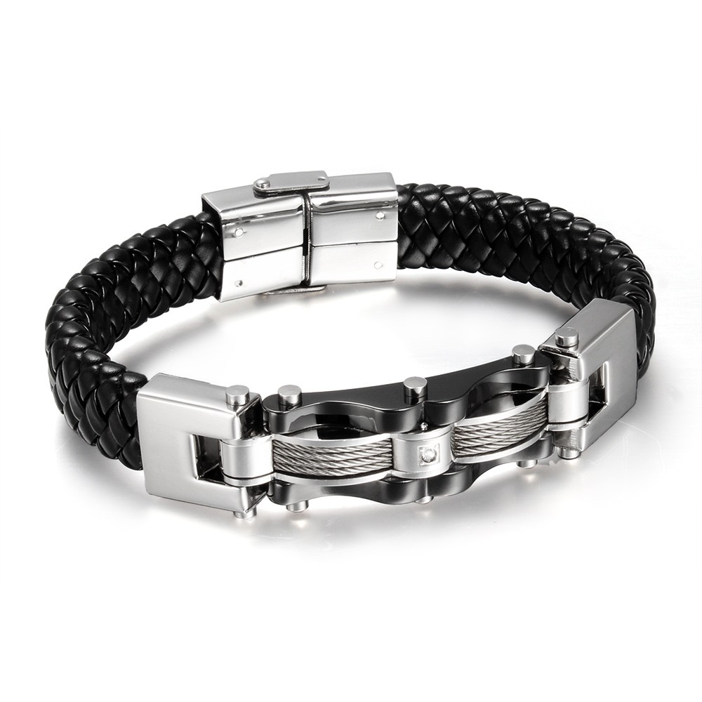 Black Leather 925 Sterling Silver Bracelet