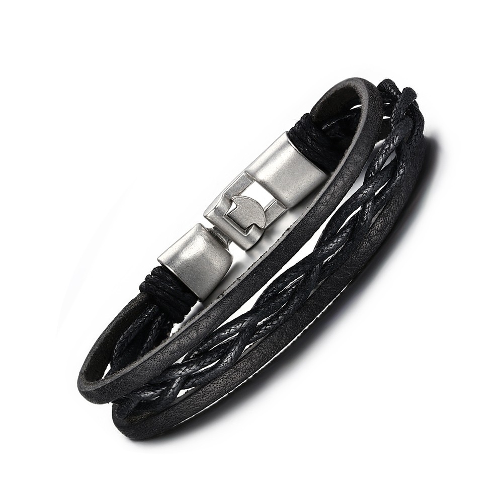 Black Leather Buckle 925 Sterling Silver Bracelet