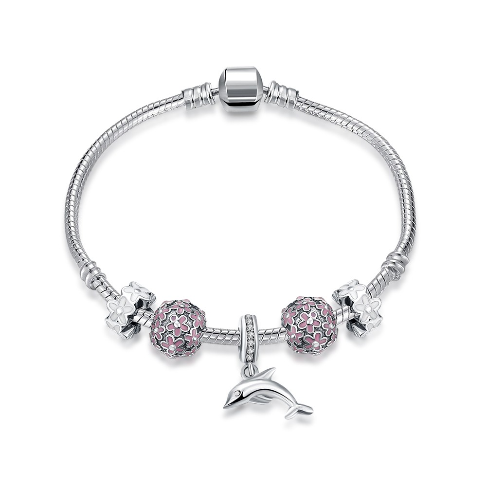 Pink and White Flower Dolphin Pendant S925 Silver Bracelets