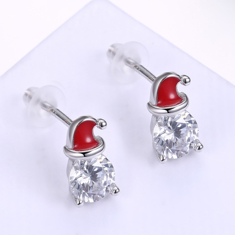 Round Cut White Sapphire Red Hat S925 Silver Earrings