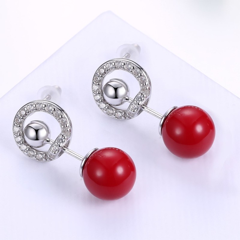 Round Cut White Sapphire Red Ball S925 Silver Earrings