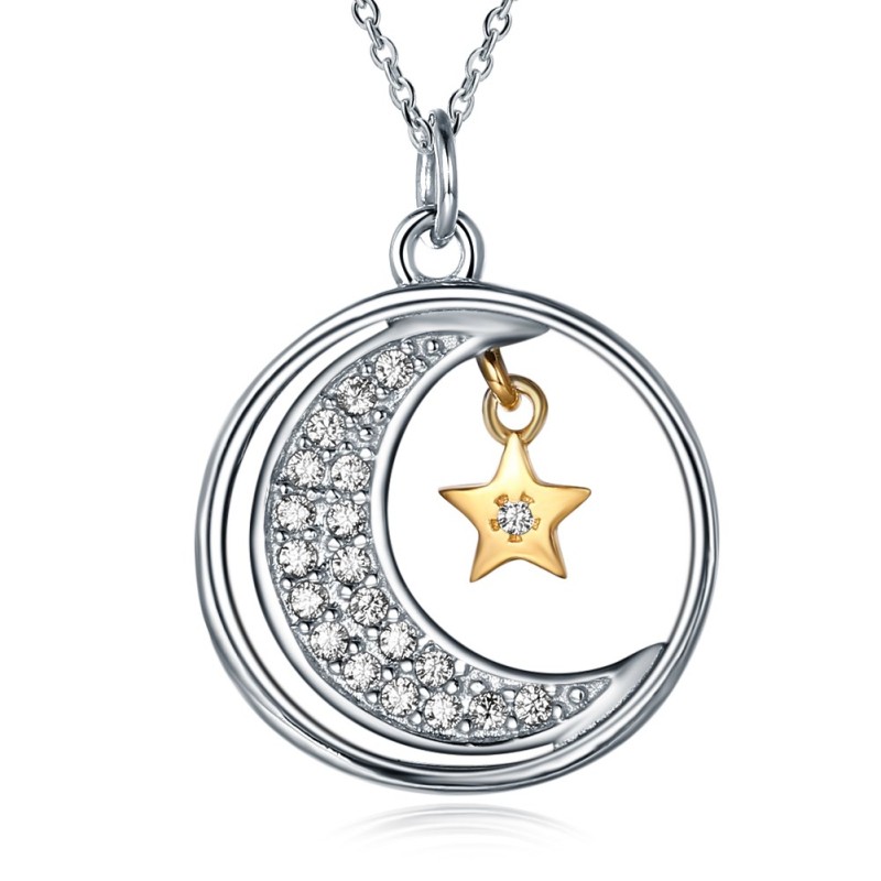Round Cut Silver White Sapphire Gold Star S925 Silver Necklaces