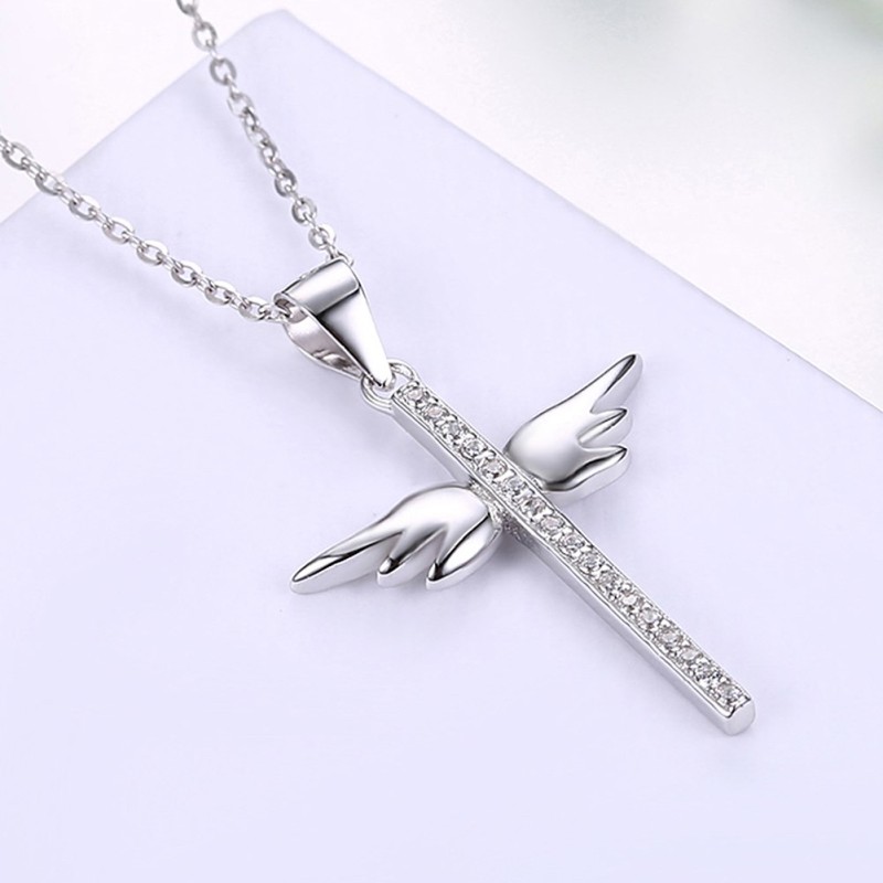 Round Cut White Sapphire Cross Wing S925 Silver Necklaces