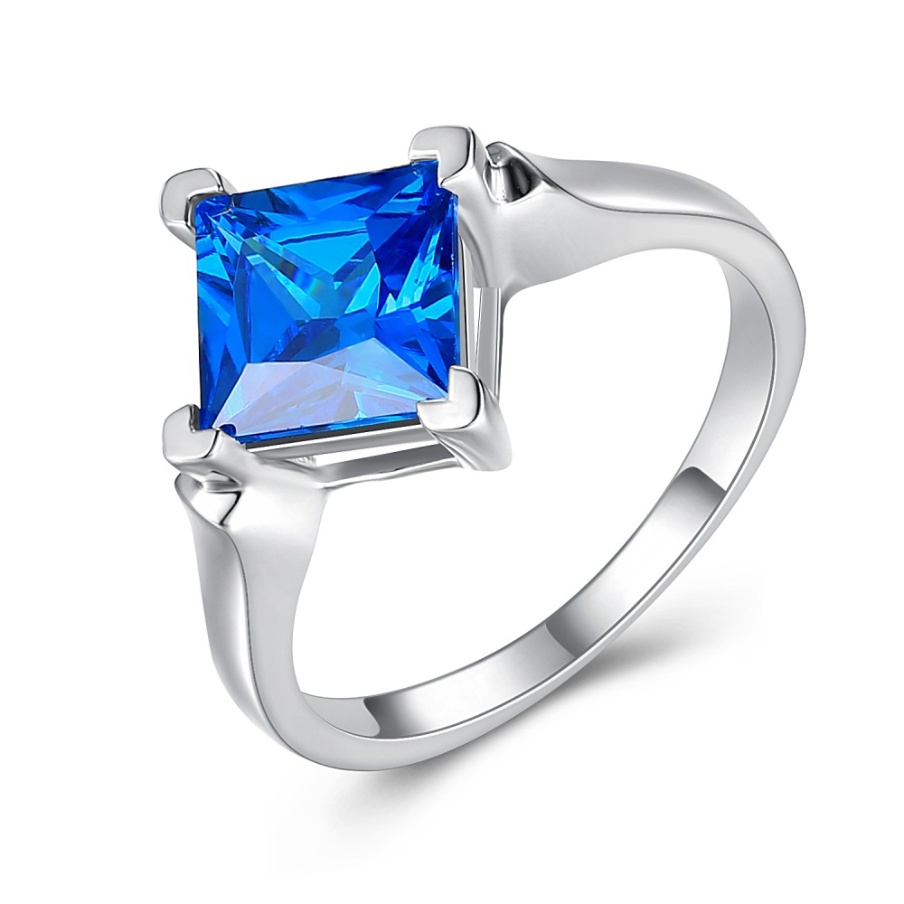 Blue Sapphire Princess Cut 925 Sterling Silver Women's Engagement Ring