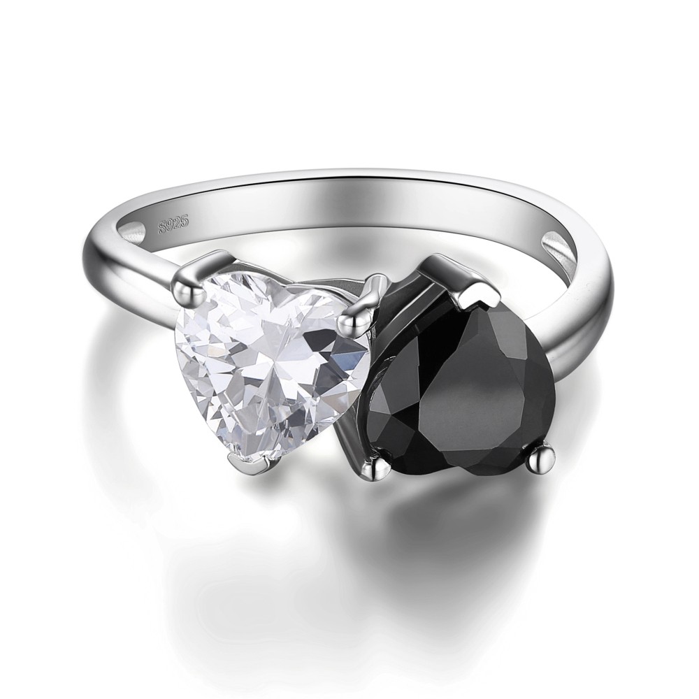 Double Heart Cut Black and White Sapphire 925 Sterling Silver Women's Engagement Ring