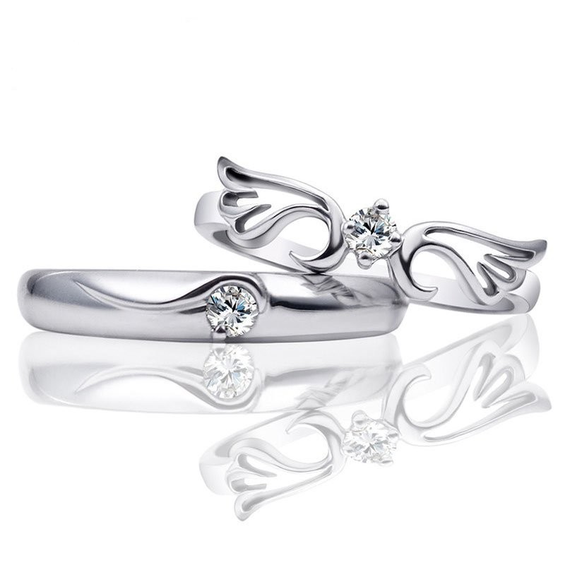 Angel Wing Round Cut White Sapphire 925 Sterling Silver Couple Rings