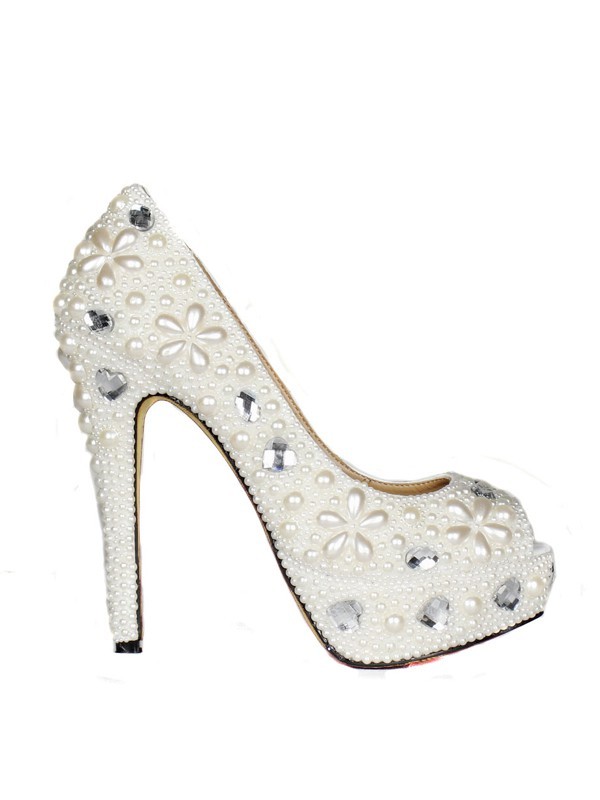 Women's Patent Leather Stiletto Heel Peep Toe Platform With Pearl White Wedding Shoes