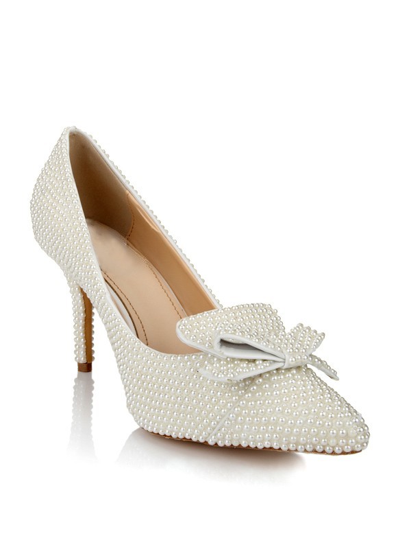 Women's Patent Leather Stiletto Heel Closed Toe With Pearl Bowknot White Wedding Shoes