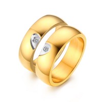 Elegant Heart Design Gold Titanium Steel Gemstone Promise Ring for Couples