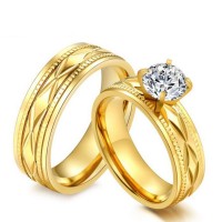 Round Cut White Sapphire Titanium Steel Gold Promise Rings for Couples
