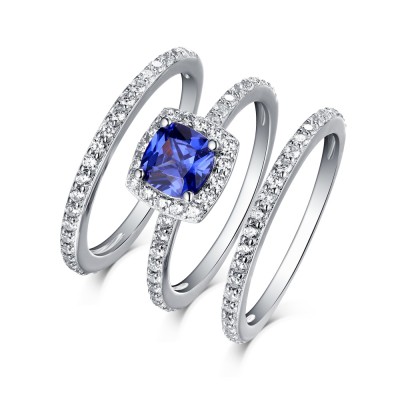 Cushion Cut 925 Sterling Silver Sapphire 3 Piece Halo Ring Sets