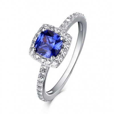 Princess Cut 925 Sterling Silver Sapphire Halo Engagement Rings