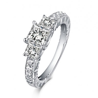 Cushion Cut S925 Silver White Sapphire 3-Stone Engagement Rings
