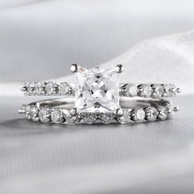 Princess Cut White Sapphire 925 Sterling Silver 2-Piece Bridal Sets