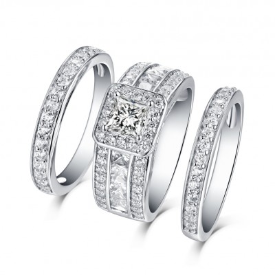 Cushion Cut White Sapphire 925 Sterling Silver 3 Piece Halo Ring Sets