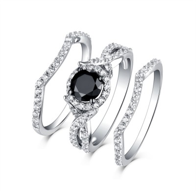 Round Cut Black & White Sapphire S925 Silver Halo 3 Piece Ring Sets