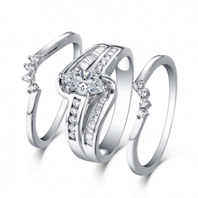 Marquise Cut S925 Silver White Sapphire 3 Piece Ring Sets