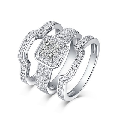 Princess Cut Halo 925 Sterling Silver White Sapphire 3 Piece Ring Sets