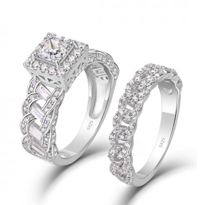 Princess Cut White Sapphire 925 Sterling Silver Twisted Halo Bridal Sets