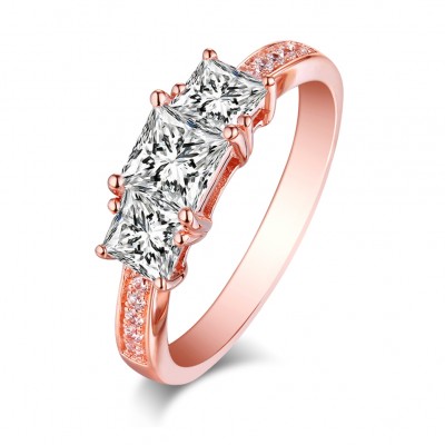 Princess Cut White Sapphire Rose Gold Sterling Silver Three-Stone Engagement Rings